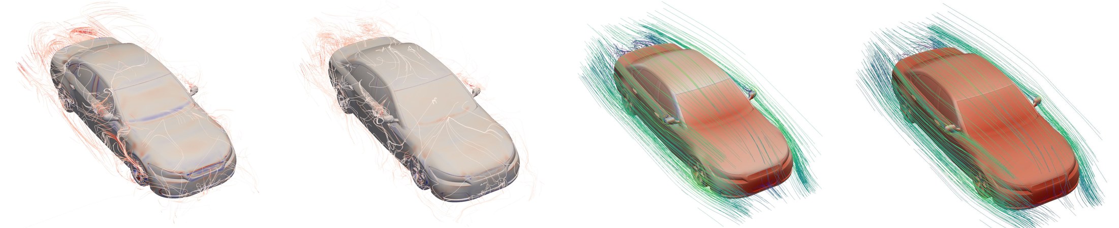 Four cars from the DrivAerML benchmark, each showing predicted surface pressure and the airflow around it