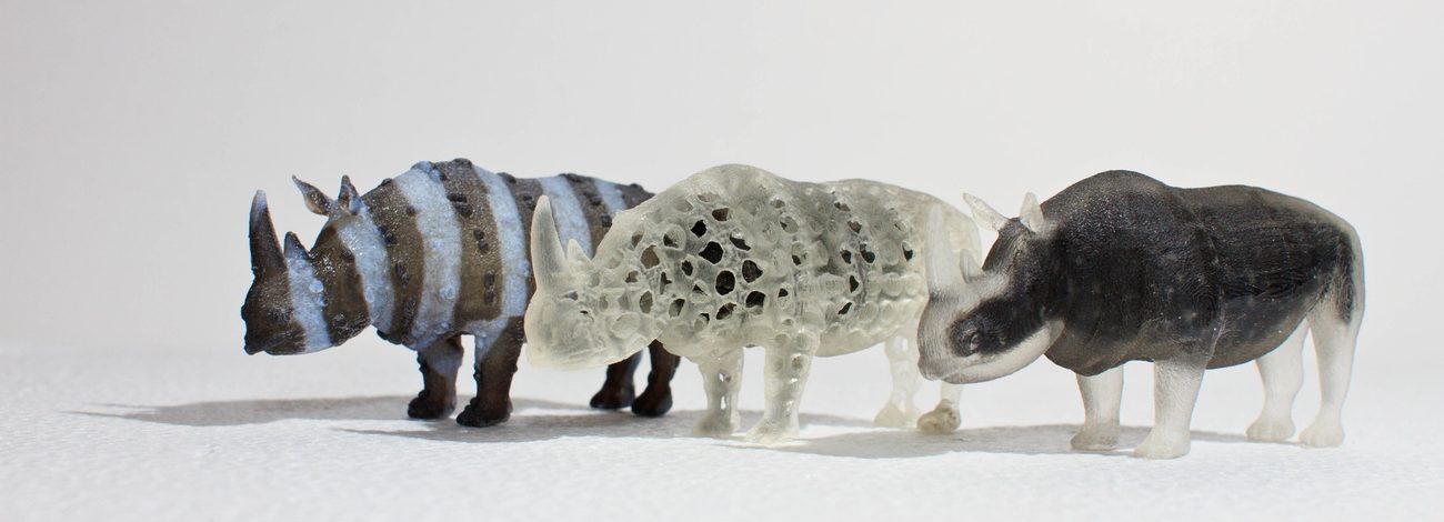 Three multi-material 3D printed rhinoceros models